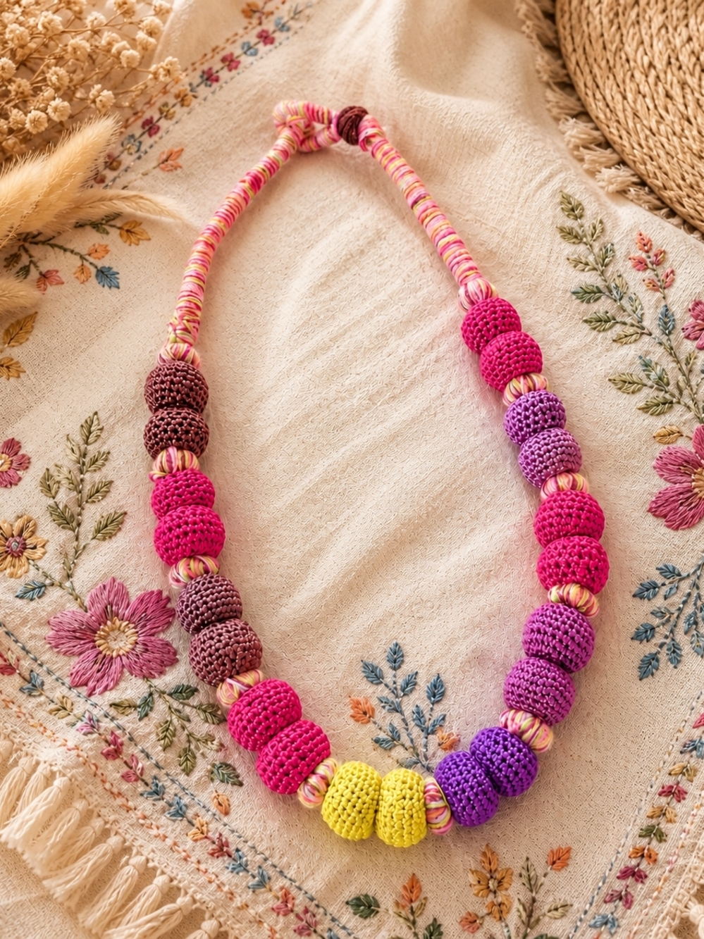 Boho Handmade Crochet Bead Necklace Colorful Statement